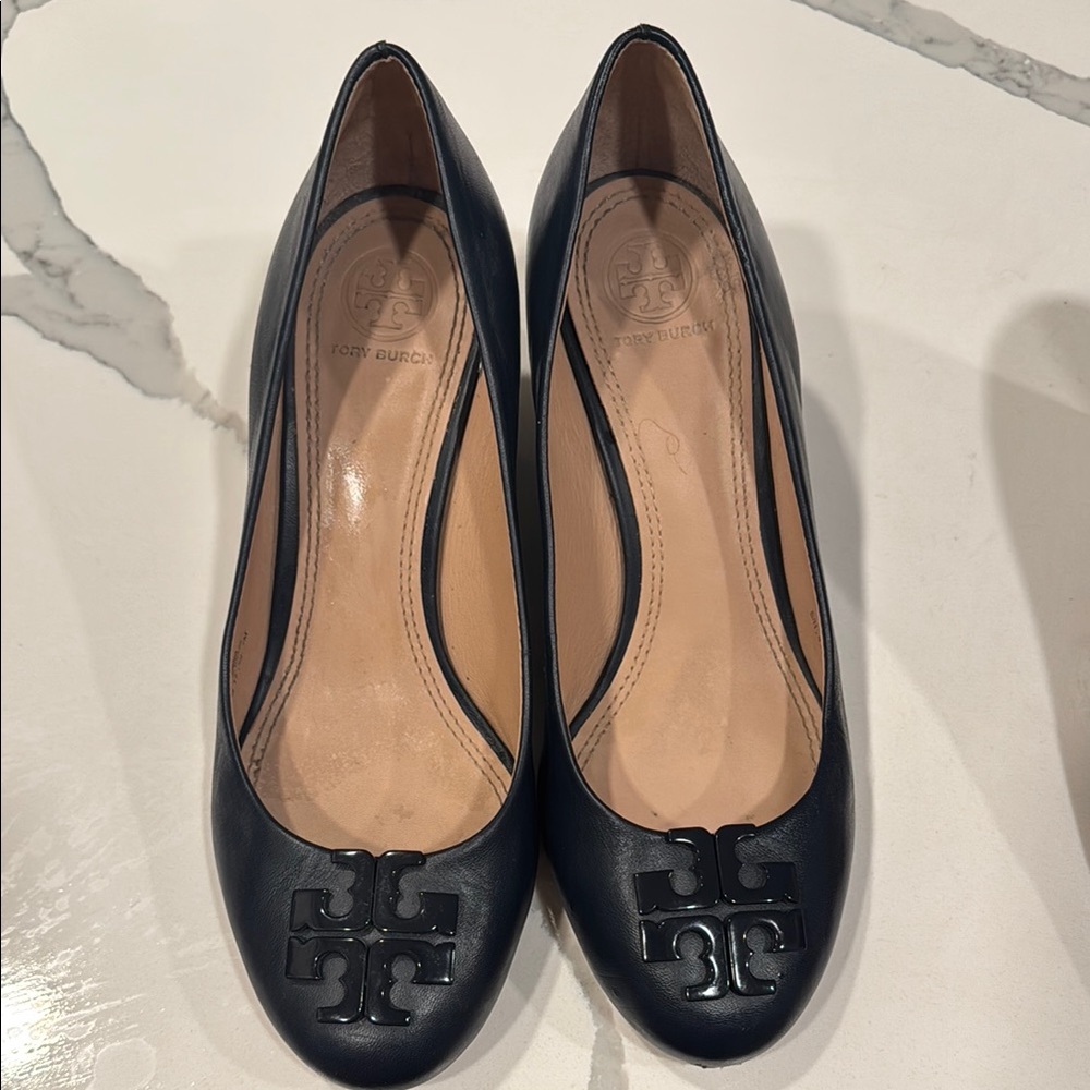 Tory Burch Navy Blue Wedge herl with Elegant Medallion